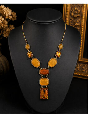 Vintage Amber Honey Statement Necklace Gold Tone Geometric Resin Crystal ArtDeco